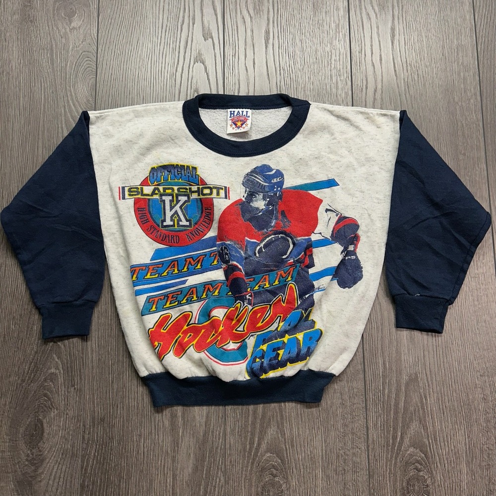 Vintage Hall of Fame Kids Hockey Sweatshirt 90s Slapshot Graphic Gray Navy Sz 8